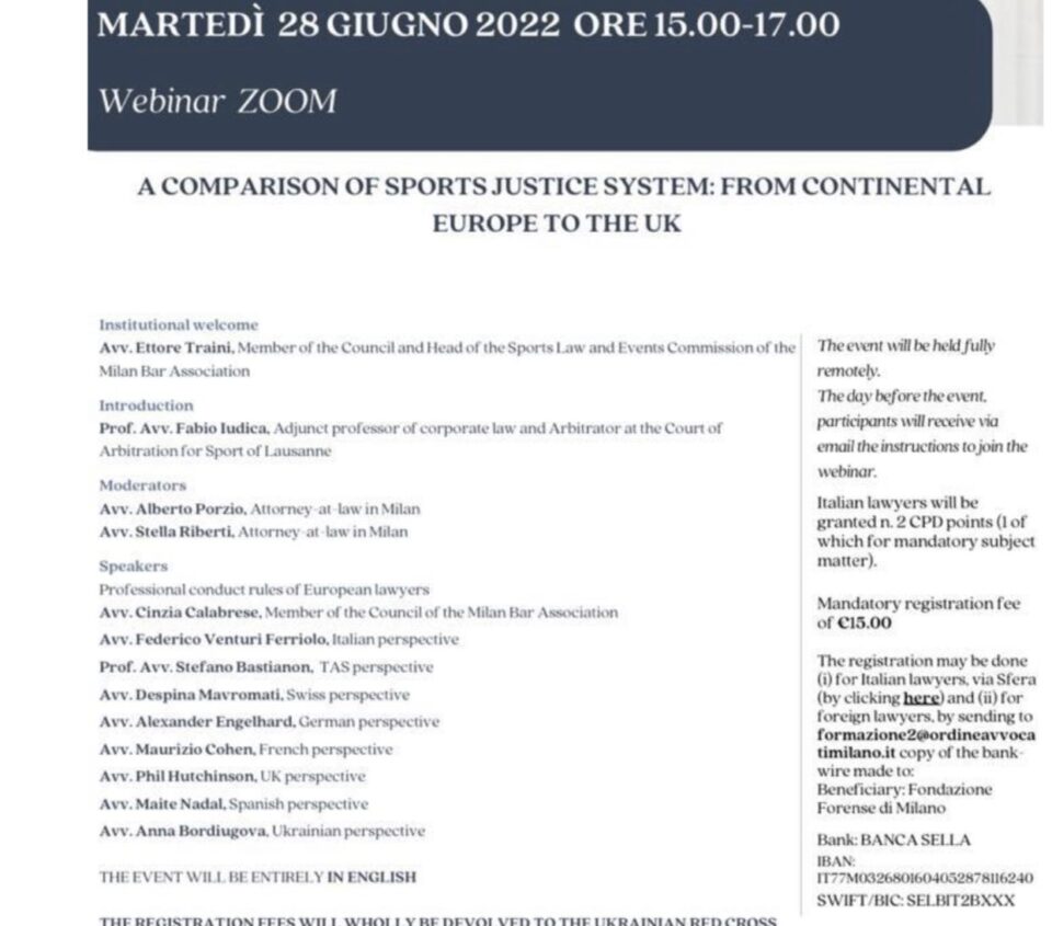 A comparison of Sports Justice Systems – Webinar organised by the Milan Bar Association - www.sportlegis.com