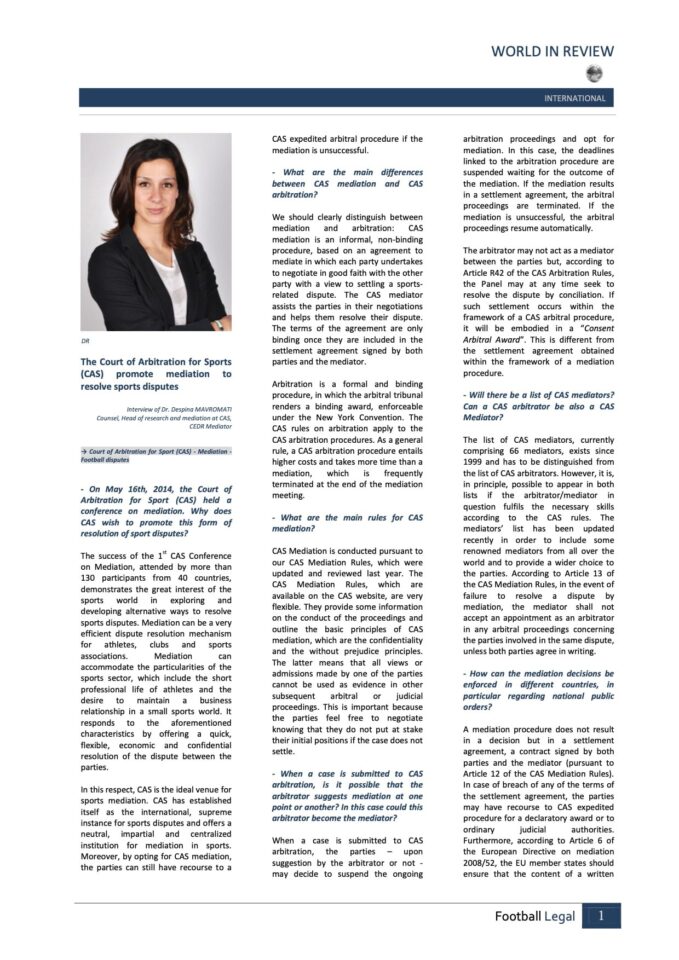 Interview of Despina Mavromati on CAS Mediation at the Football Legal Magazine - www.sportlegis.com