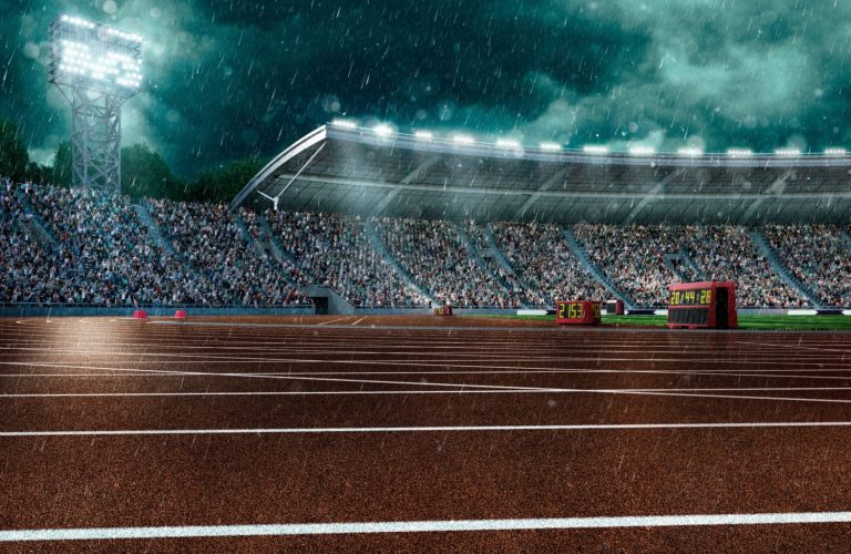 Dramatic . stadium with rain Outdoor floodlit stadium full of spectators under evening sky and rain. Image made in 3D.