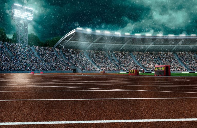 Outdoor floodlit stadium full of spectators under evening sky and rain. Image made in 3D.
